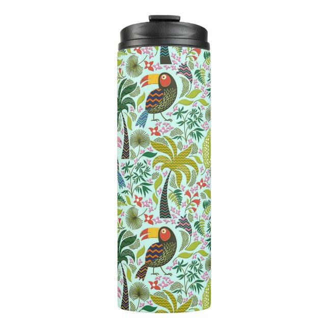 Farbenfrohe Papagei- und Palmenbäume und Blume Thermosbecher (Vorderseite)