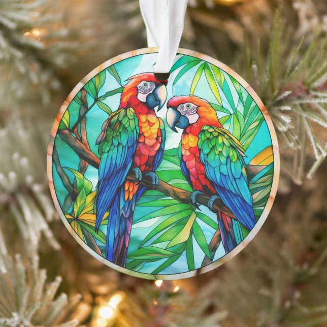 Farbenfrohe Papageien aus festem Glas Ornament (Baum)