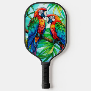 Farbenfrohe Papageien aus festem Glas Pickleball Schläger