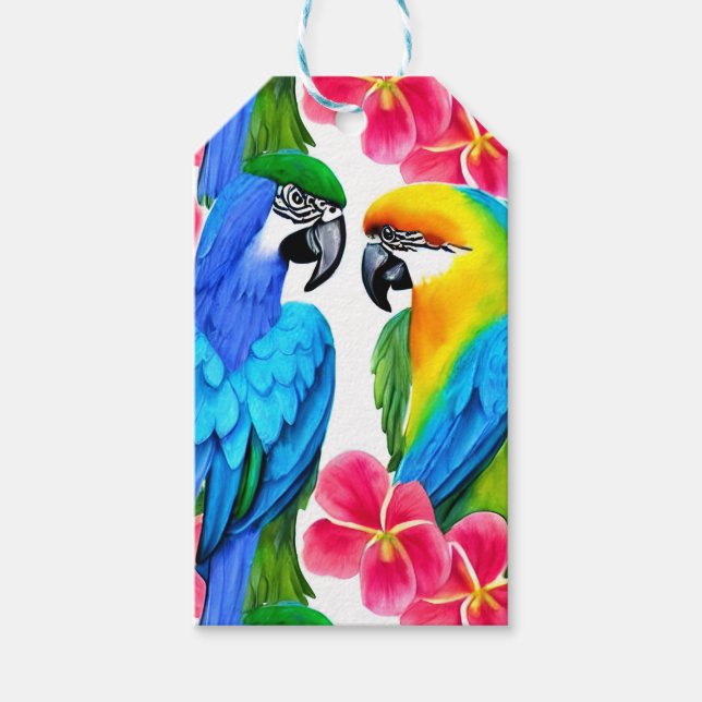 Farbenfrohe Papageien mit tropischen Blume Geschenkanhänger (Vorderseite)