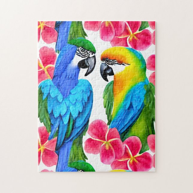 Farbenfrohe Papageien mit tropischen Blume werfen  (Vertikal)