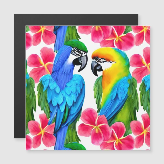 Farbenfrohe Papageien mit tropischen Blume werfen  Magnetkarte (Vorne/Hinten)