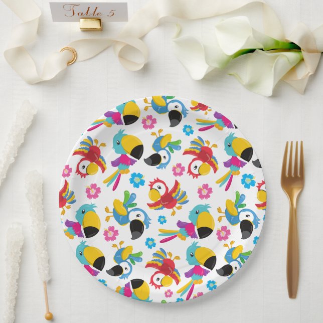 Farbenfrohe Papageien, tropische Papageien, Vögel, Pappteller (Hochzeit)