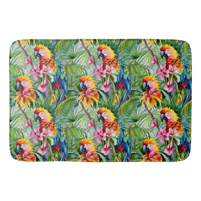 Farbenfrohe Papageien und tropische Blume Badematte (Vorderseite)