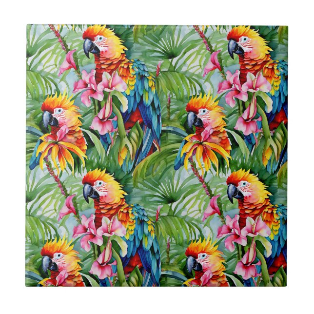 Farbenfrohe Papageien und tropische Blume Fliese (Vorderseite)