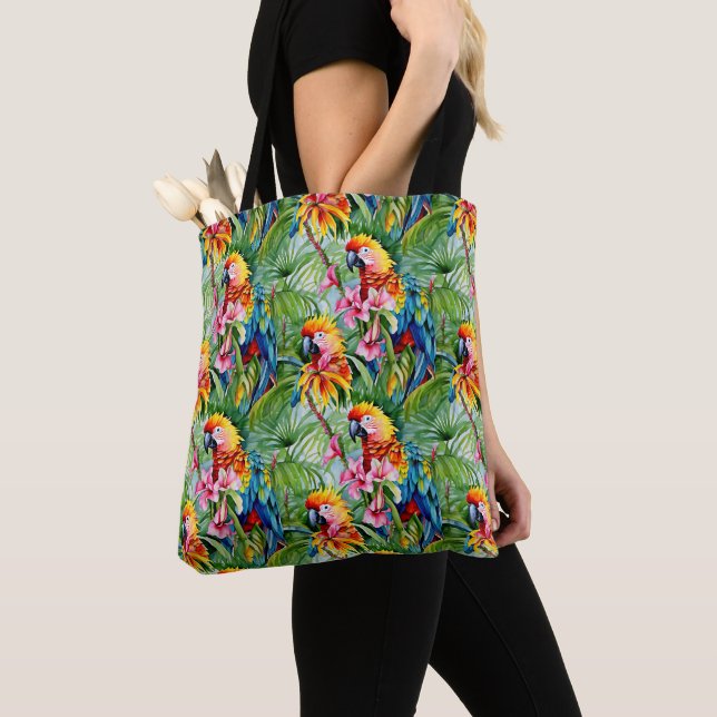 Farbenfrohe Papageien und tropische Blume Tasche (Von Nahem)