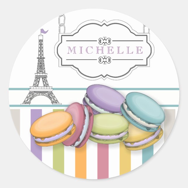 Farbenfrohe Pariser Macarons Eiffelturm Monogram Runder Aufkleber (Vorderseite)