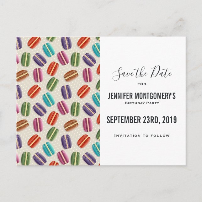 Farbenfrohe Pariser Macarons-Muster Save the Date Postkarte (Vorderseite)