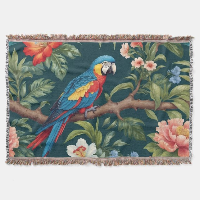 Farbenfrohe Parrot Tropical Dschungel Blätter Decke (Vorderseite)