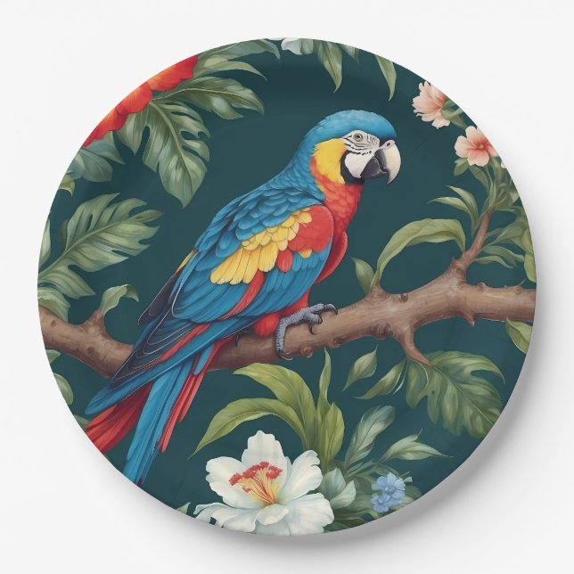 Farbenfrohe Parrot Tropical Dschungel Blätter Pappteller (Vorderseite)