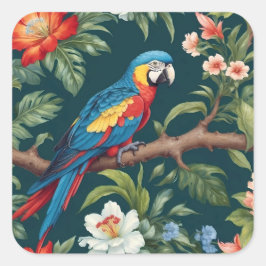 Farbenfrohe Parrot Tropical Dschungel Blätter Quadratischer Aufkleber