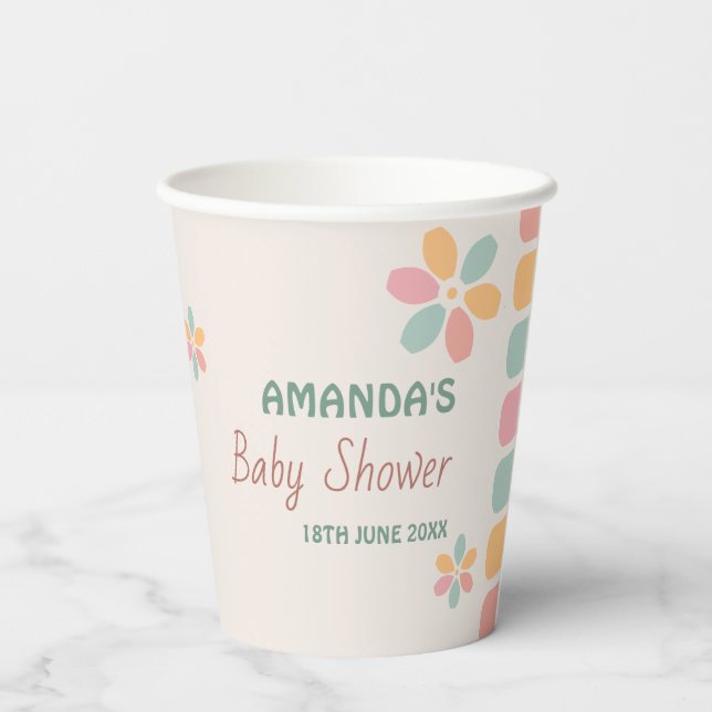 Farbenfrohe Pastel Blume Kinderdusche Party Pappbecher (Rückseite)