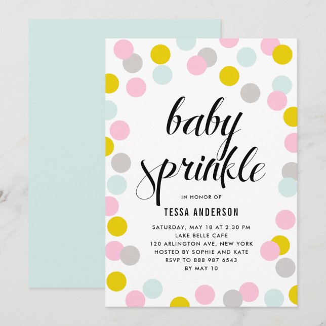 Farbenfrohe Pastel Confetti Dots rahmen Baby Sprin Einladung (Vorne/Hinten)