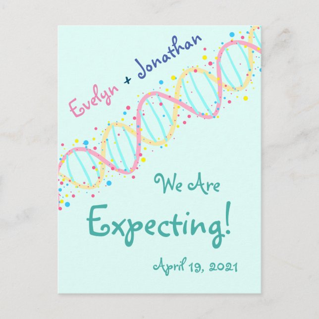 Farbenfrohe Pastel-DNA Wir erwarten ein Baby Postkarte (Vorderseite)