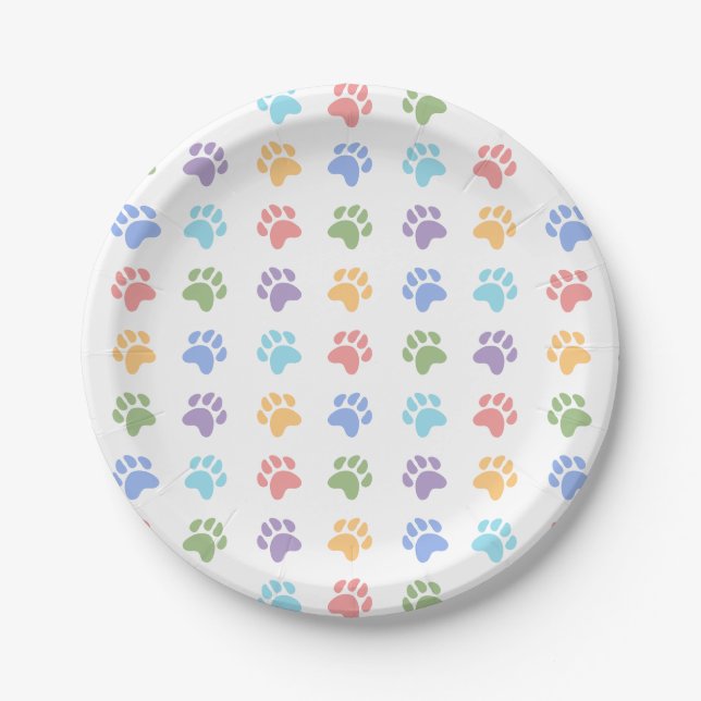Farbenfrohe Pastel Dog Paw Druckmuster Pappteller (Vorderseite)