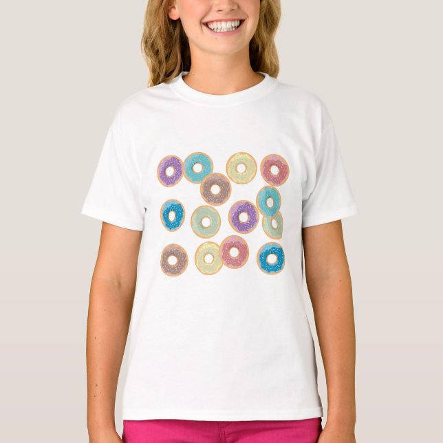 Farbenfrohe Pastel Doughnut & Sprinkles Muster T-Shirt (Vorderseite)