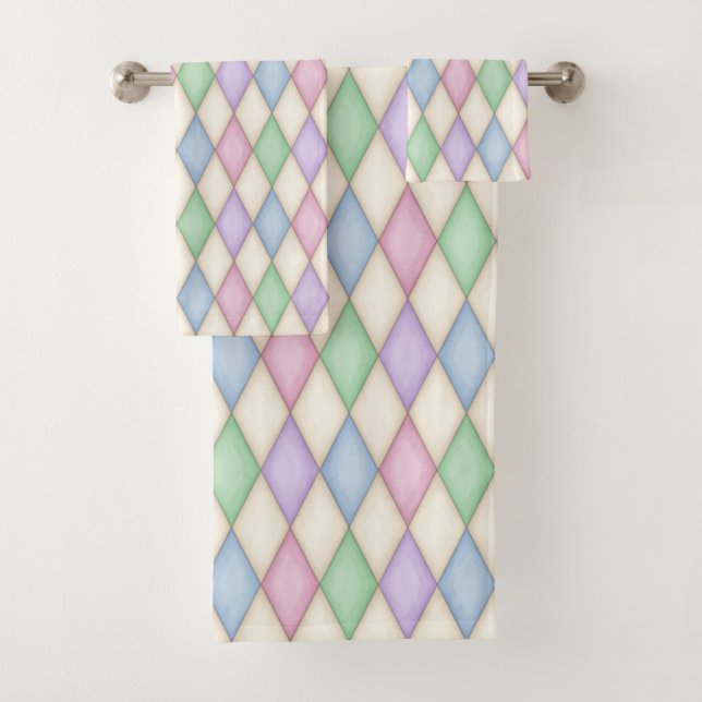 Farbenfrohe Pastel Harlequin Pattern Badhandtuch Set (Insitu)