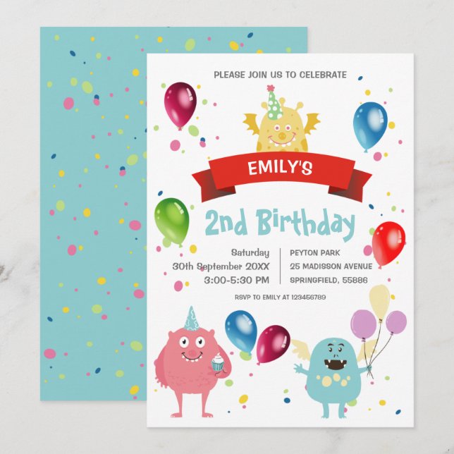 Farbenfrohe Pastel Monster Bash Ballon Kindergebur Einladung (Vorne/Hinten)