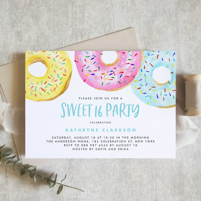 Farbenfrohe Pastel Sprinkle Donuts Sweet 16 Party Einladung (Von Creator hochgeladen)