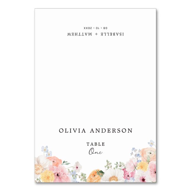 Farbenfrohe Pastell-Blumen-Gästename Tischnummer (Vorderseite)