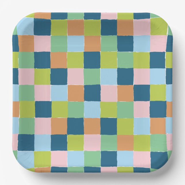 Farbenfrohe Pastell-Schachbrettmuster Pappteller (Vorderseite)