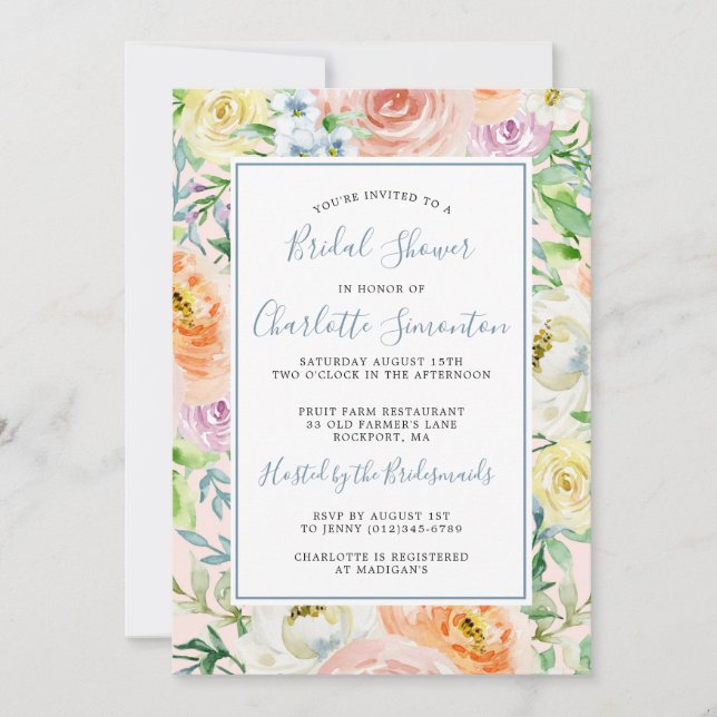 Farbenfrohe Pastell Spring Blume Brautparty Invita Einladung (Vorderseite)