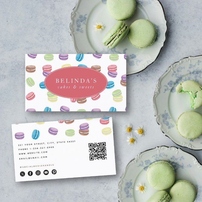Farbenfrohe Pastelle Wasserfarben Makarons Koch Ko Visitenkarte (Colorful Pastel Watercolor Macarons Pastry Chef Business Card)