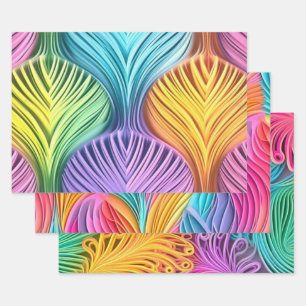 Farbenfrohe, pastellfarbene, abstrakte Designmuste Geschenkpapier Set