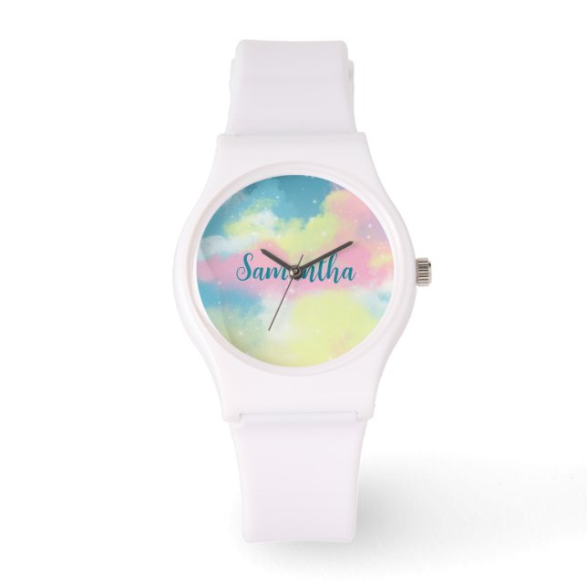 Farbenfrohe pastellfarbene Retro Regenbogenwolken Armbanduhr (Vorderseite)