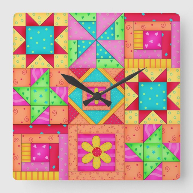 Farbenfrohe Patchwork Block Kunst Quadratische Wanduhr (Vorderseite)