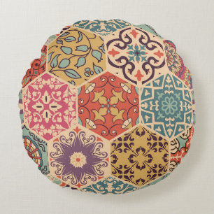 Farbenfrohe Patchwork-Fliesen Rundes Kissen