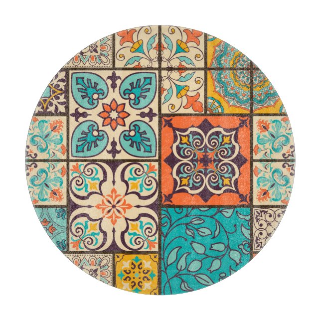 Farbenfrohe Patchwork-Islam-Majolika-Kachel Schneidebrett (Vorderseite)