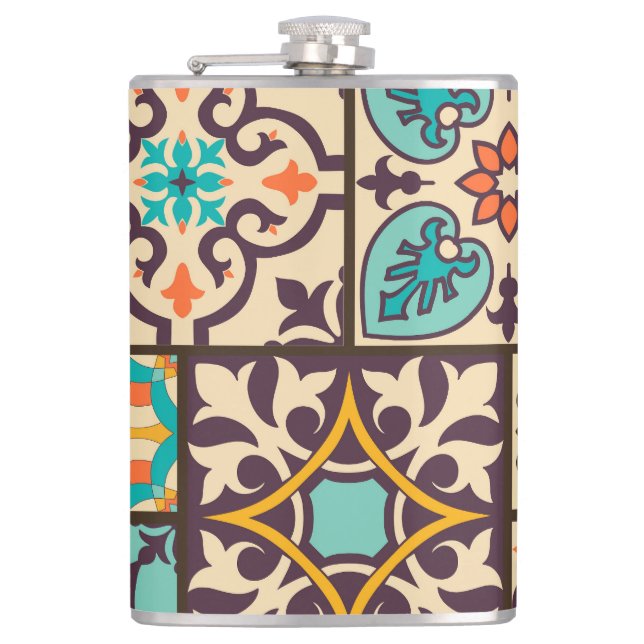 Farbenfrohe Patchwork Islam Motifs Tile Flachmann (Vorderseite)