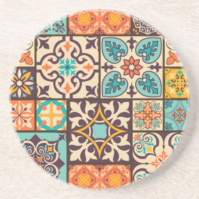 Farbenfrohe Patchwork Islam Motifs Tile Getränkeuntersetzer (Vorne)