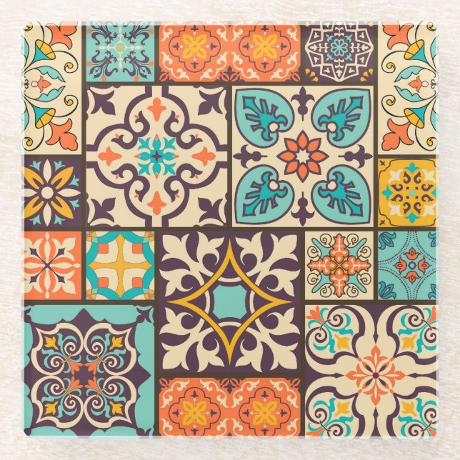 Farbenfrohe Patchwork Islam Motifs Tile Glasuntersetzer (Vorderseite)