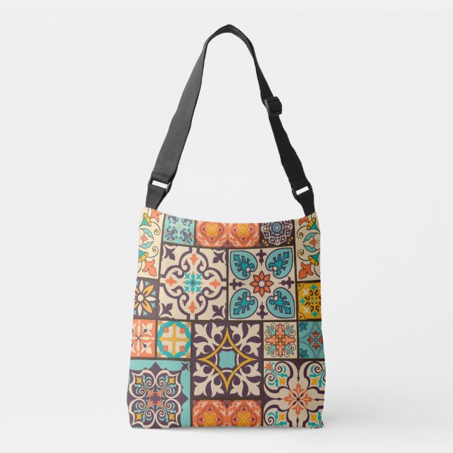 Farbenfrohe Patchwork Islam Motifs Tile Tragetaschen Mit Langen Trägern (Vorderseite)