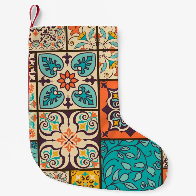 Farbenfrohe Patchwork Islamische Majolika Kleiner Weihnachtsstrumpf (Vorderseite)