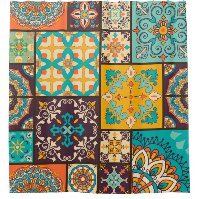 Farbenfrohe Patchwork Islamische Tile Nahtlos Duschvorhang (Vorderseite)