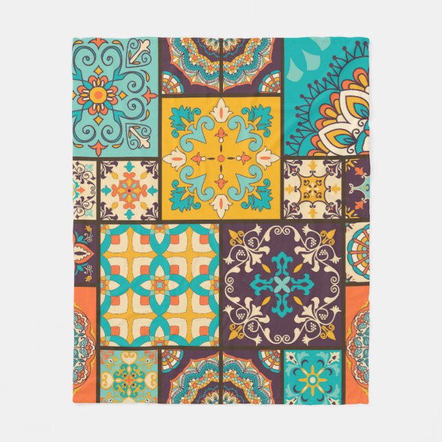 Farbenfrohe Patchwork Islamische Tile Nahtlos Fleecedecke (Vorderseite)