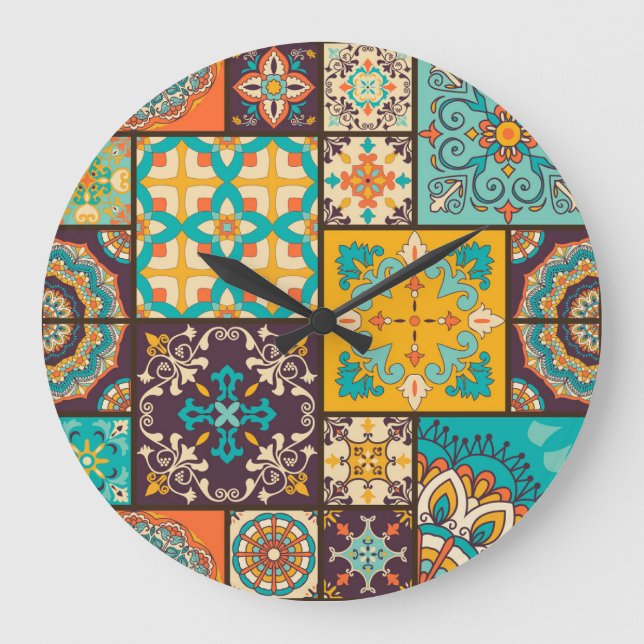 Farbenfrohe Patchwork Islamische Tile Nahtlos Große Wanduhr (Vorderseite)