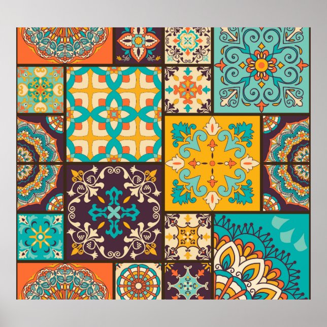 Farbenfrohe Patchwork Islamische Tile Nahtlos Poster (Vorne)