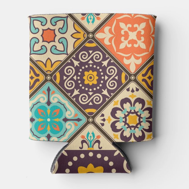 Farbenfrohe Patchwork: Majolica Fliesendesign Dosenkühler (Vorderseite)