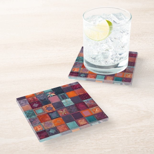 Farbenfrohe Patchwork Quilt Art Glass Untersetzer (Von Creator hochgeladen)
