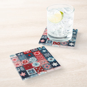 Farbenfrohe Patchwork Quilt Art Glass Untersetzer