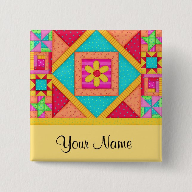 Farbenfrohe Patchwork Quilt Block Art Buttone Button (Vorderseite)