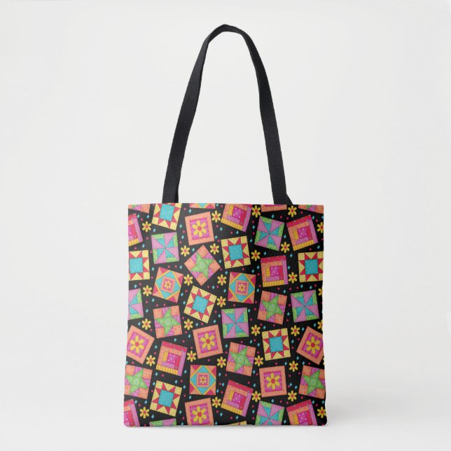 Farbenfrohe Patchwork Quilt Blocks Black Tasche (Vorderseite)