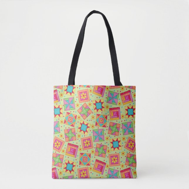 Farbenfrohe Patchwork Quilt Blocks Green Tasche (Vorderseite)