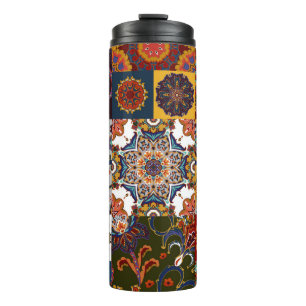 Farbenfrohe Patchwork-Tile: Majolica Pottery Style Thermosbecher