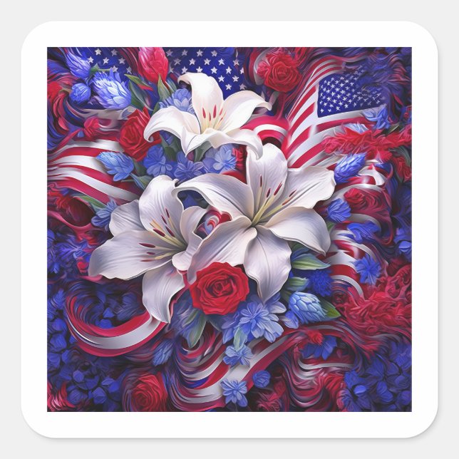 Farbenfrohe Patriotic Floral Design Grafik Quadratischer Aufkleber (Vorderseite)