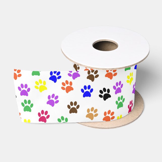 Farbenfrohe Paw Prints | Benutzerdefiniert Satinband (Spule)
